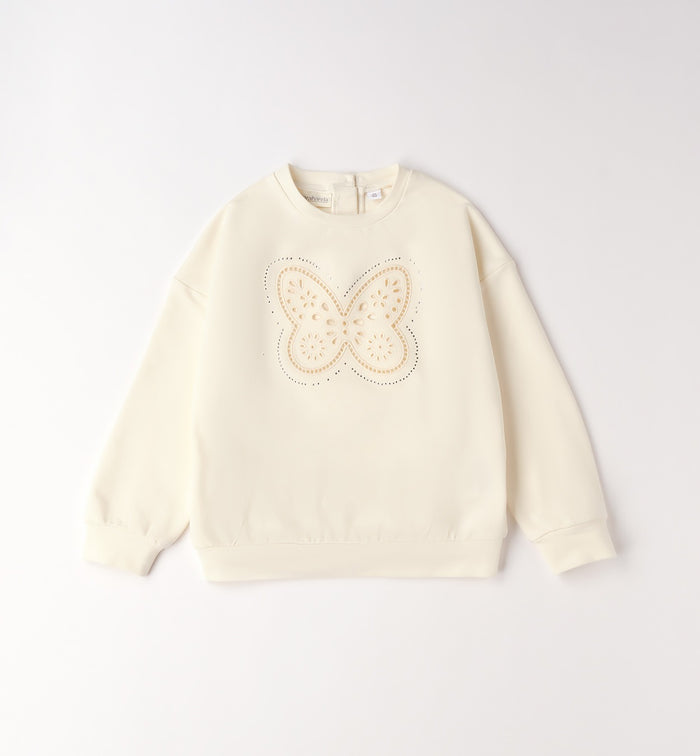 felpa bambina elegante panna con farfalla ricamata frontale
