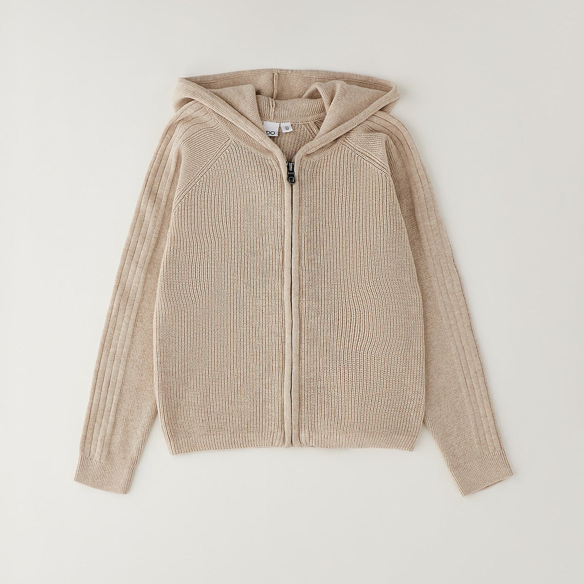 Felpa beige bimbo con cappuccio e zip frontale in lavorazione a maglia