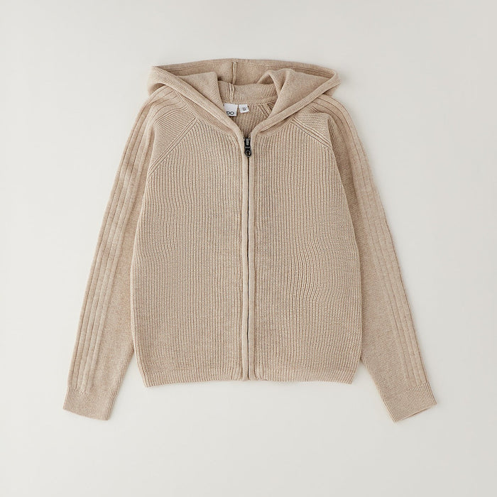 Felpa beige bimbo con cappuccio e zip frontale in lavorazione a maglia