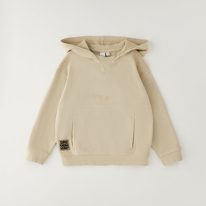 Felpa bimbo beige con cappuccio e tasca marsupio frontale