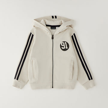 Felpa bimbo panna con cappuccio zip bande nere e stampa 91