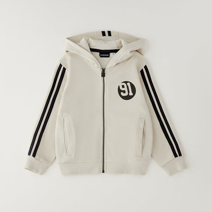 Felpa bimbo panna con cappuccio zip bande nere e stampa 91