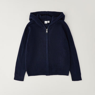 Felpa blu bimbo con cappuccio e zip frontale in lavorazione a maglia