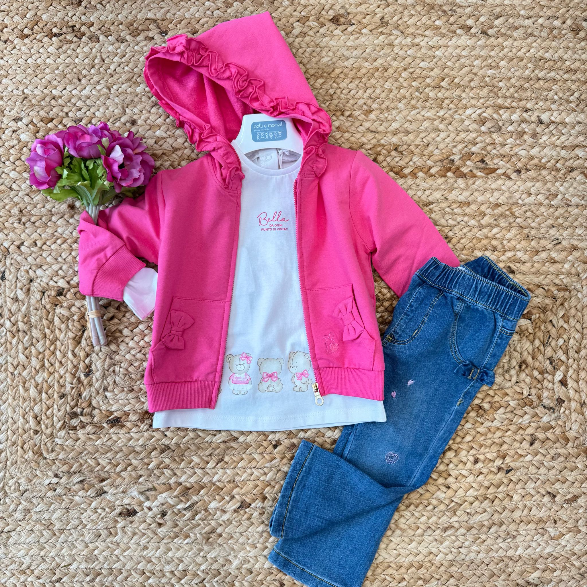 Retro felpa bambina con cappuccio arricciato e dettagli romantici