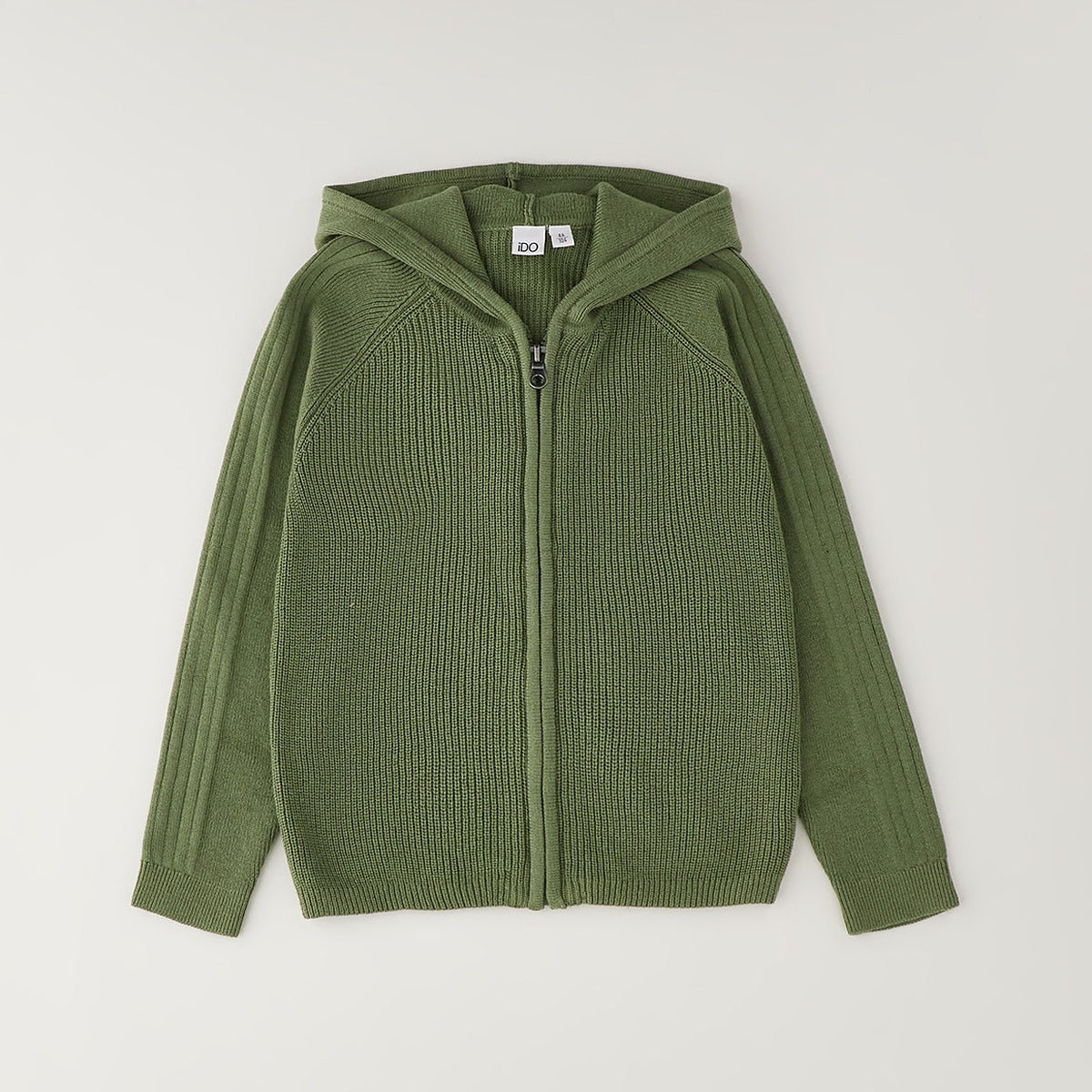 Felpa verde bimbo con cappuccio e zip frontale in lavorazione a maglia