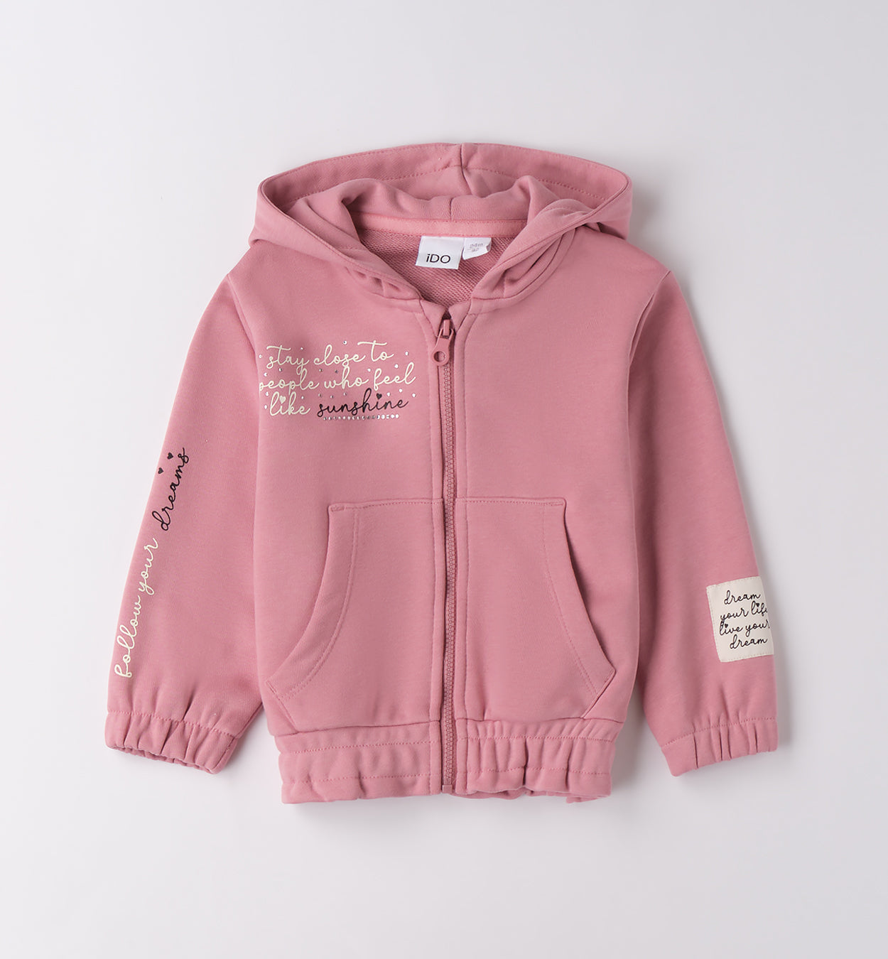felpa rosa con cappuccio e scritte bambina