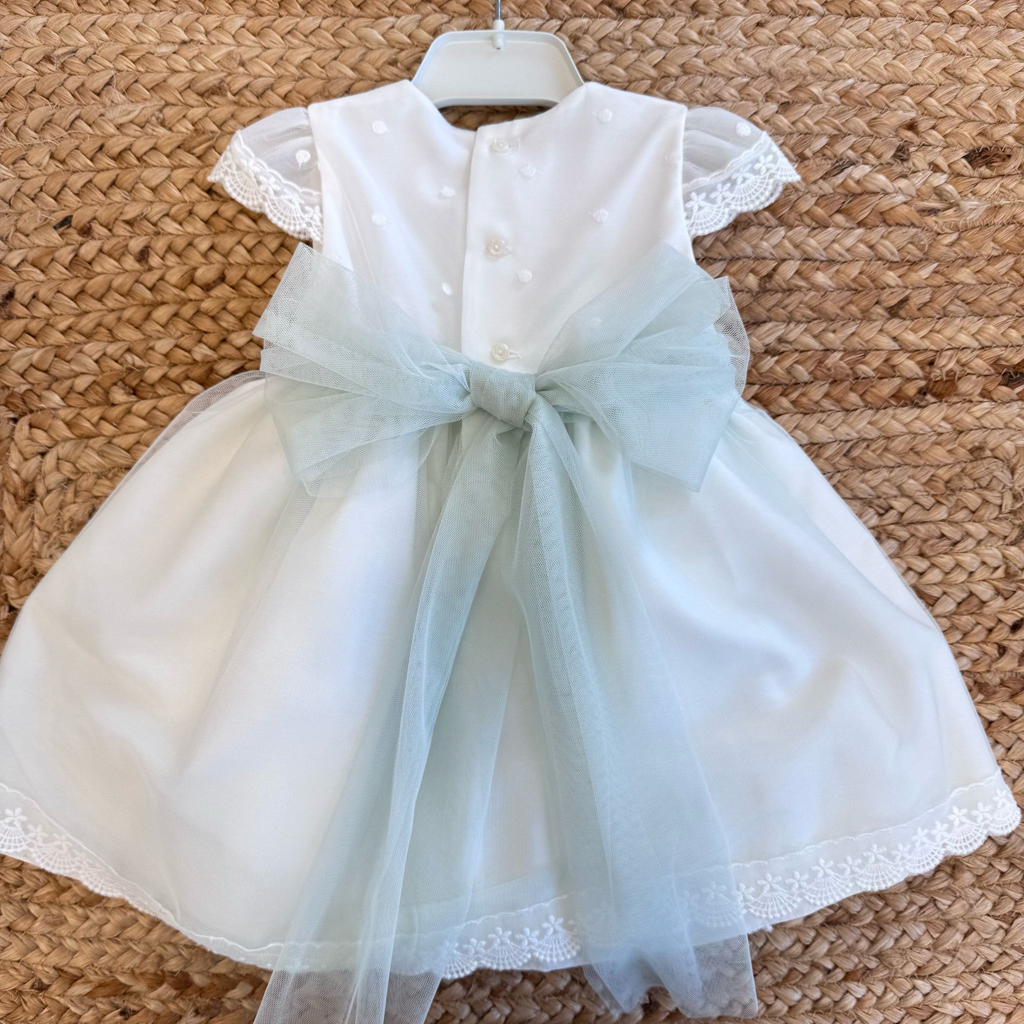 Retro abito battesimo con fiocco in tulle verde