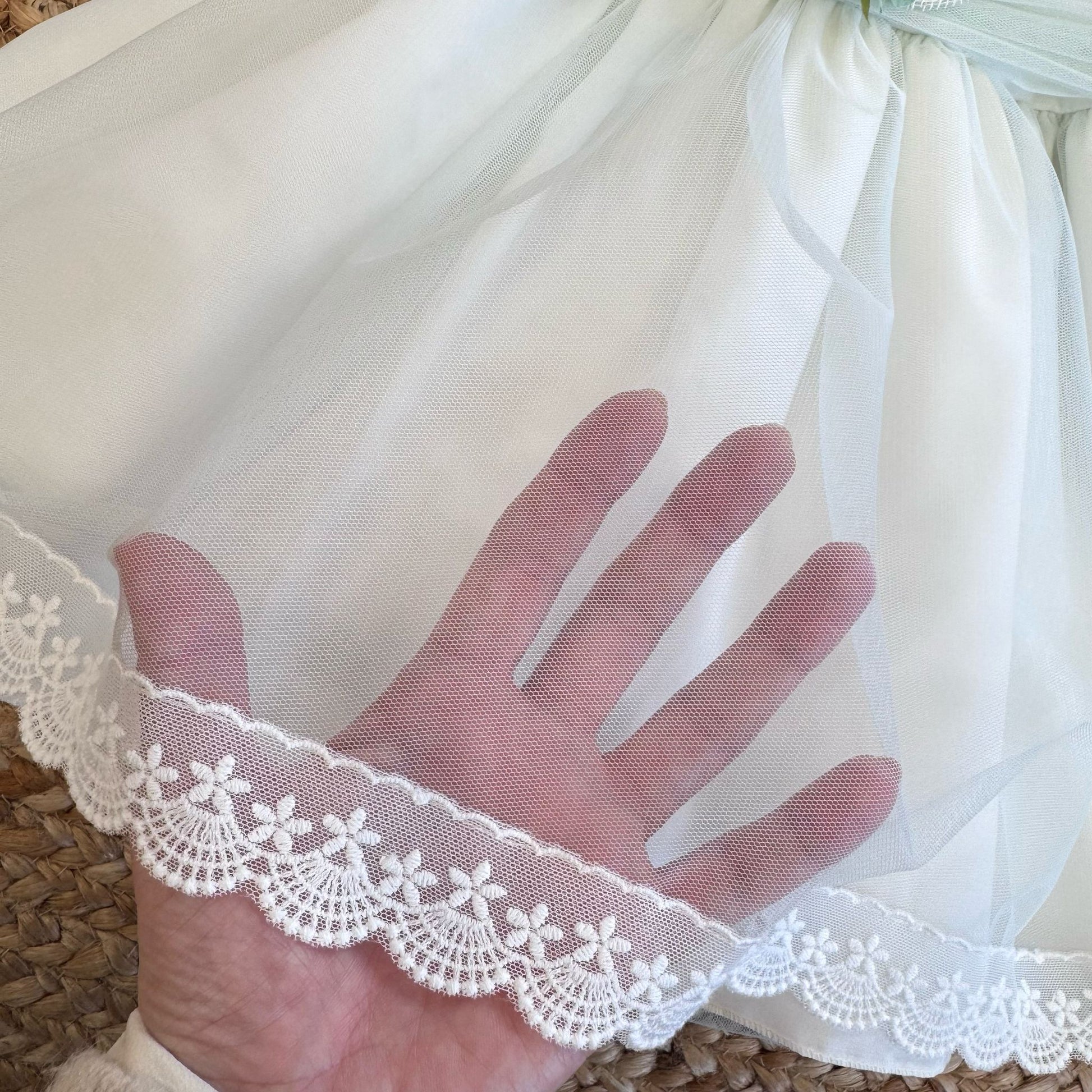 Retro abito battesimo con fiocco in tulle verde