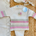 Set nascita neonata Juliana con copertina panna rigata rosa e verde salvia