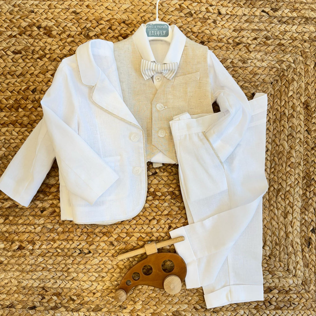  completo battesimo bambino lino bianco e beige