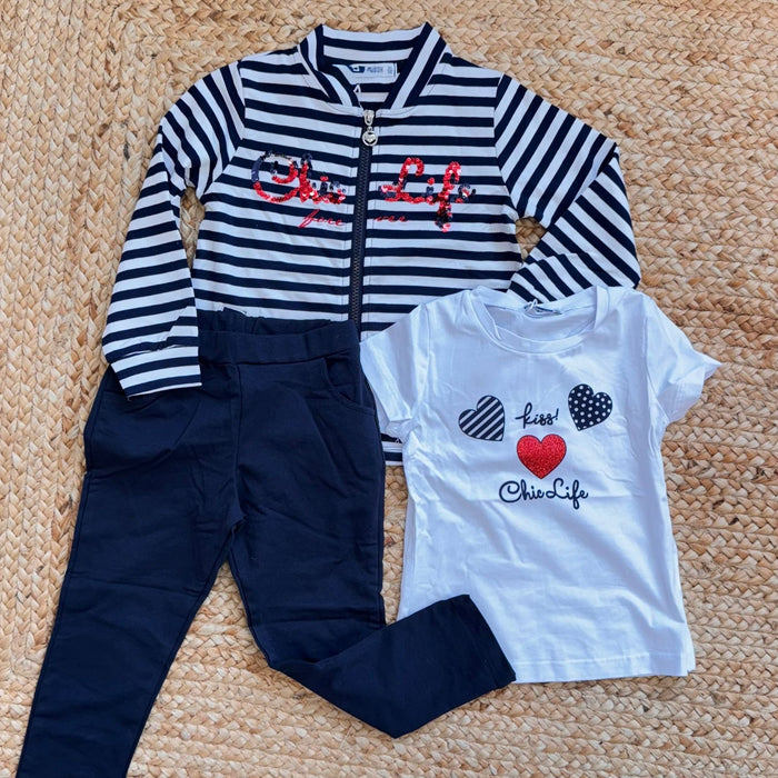 completo bimba cotone con giacca righe t-shirt e pantalone