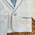 Completo battesimo bimbo bianco e celeste con giacca, pantalone lungo, gilet, papillon e pochette