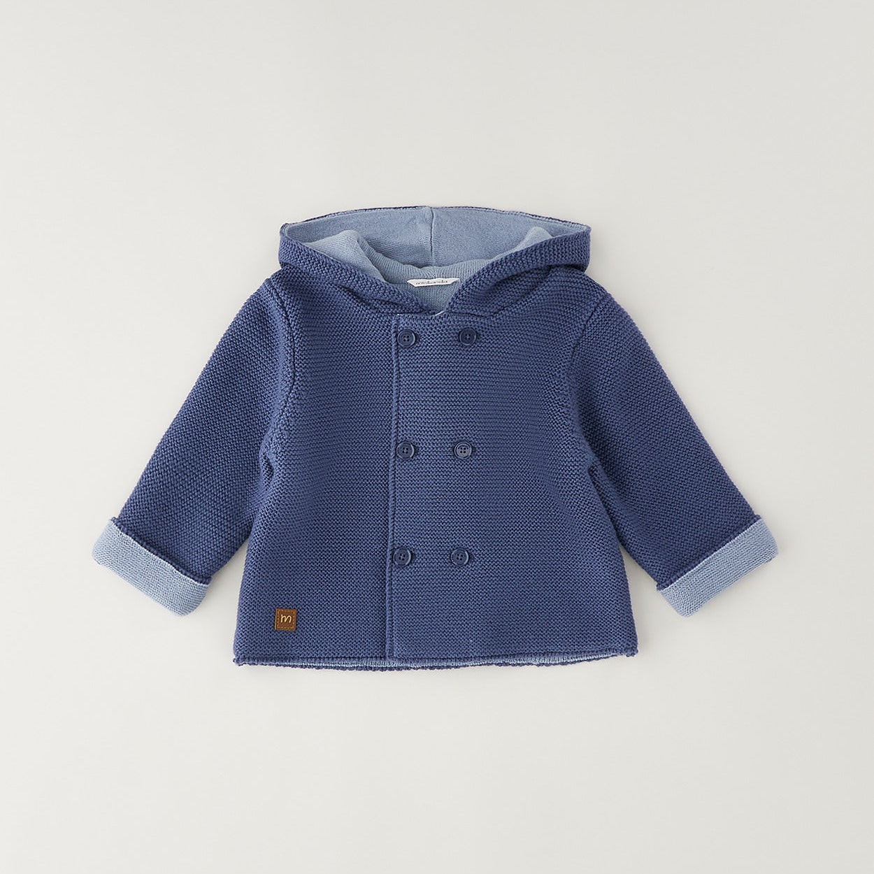 Giacca neonato blu con cappuccio in cotone e lana con chiusura doppiopetto