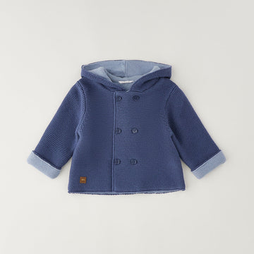 Giacca neonato blu con cappuccio in cotone e lana con chiusura doppiopetto