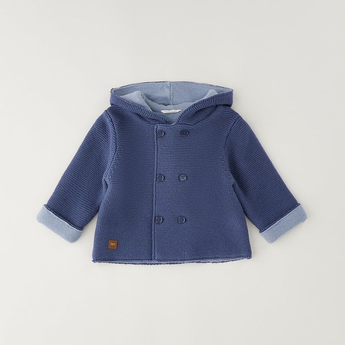 Giacca neonato blu con cappuccio in cotone e lana con chiusura doppiopetto