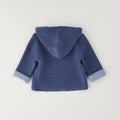 Giacca neonato blu con cappuccio in cotone e lana con chiusura doppiopetto