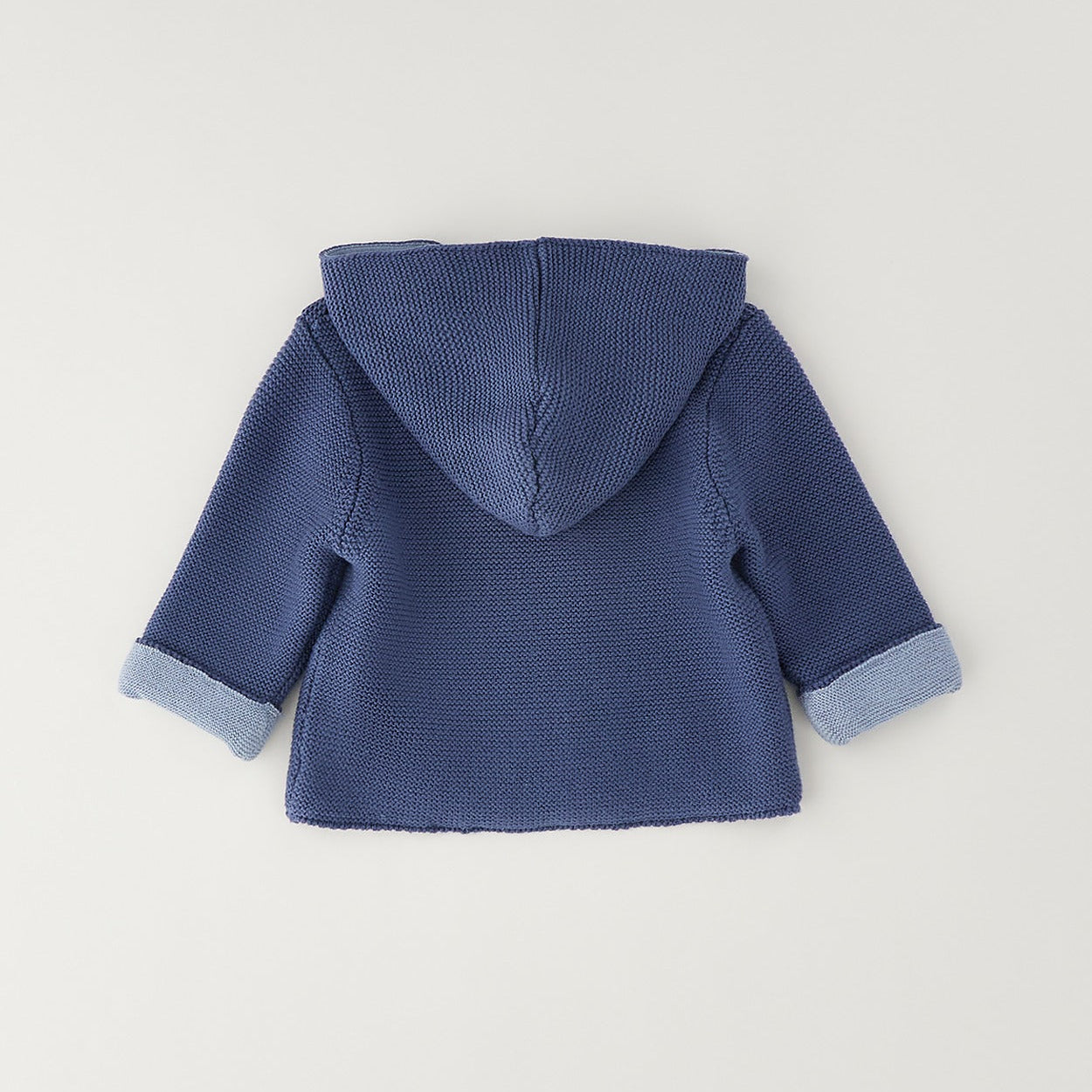 Giacca neonato blu con cappuccio in cotone e lana con chiusura doppiopetto