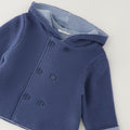 Giacca neonato blu con cappuccio in cotone e lana con chiusura doppiopetto