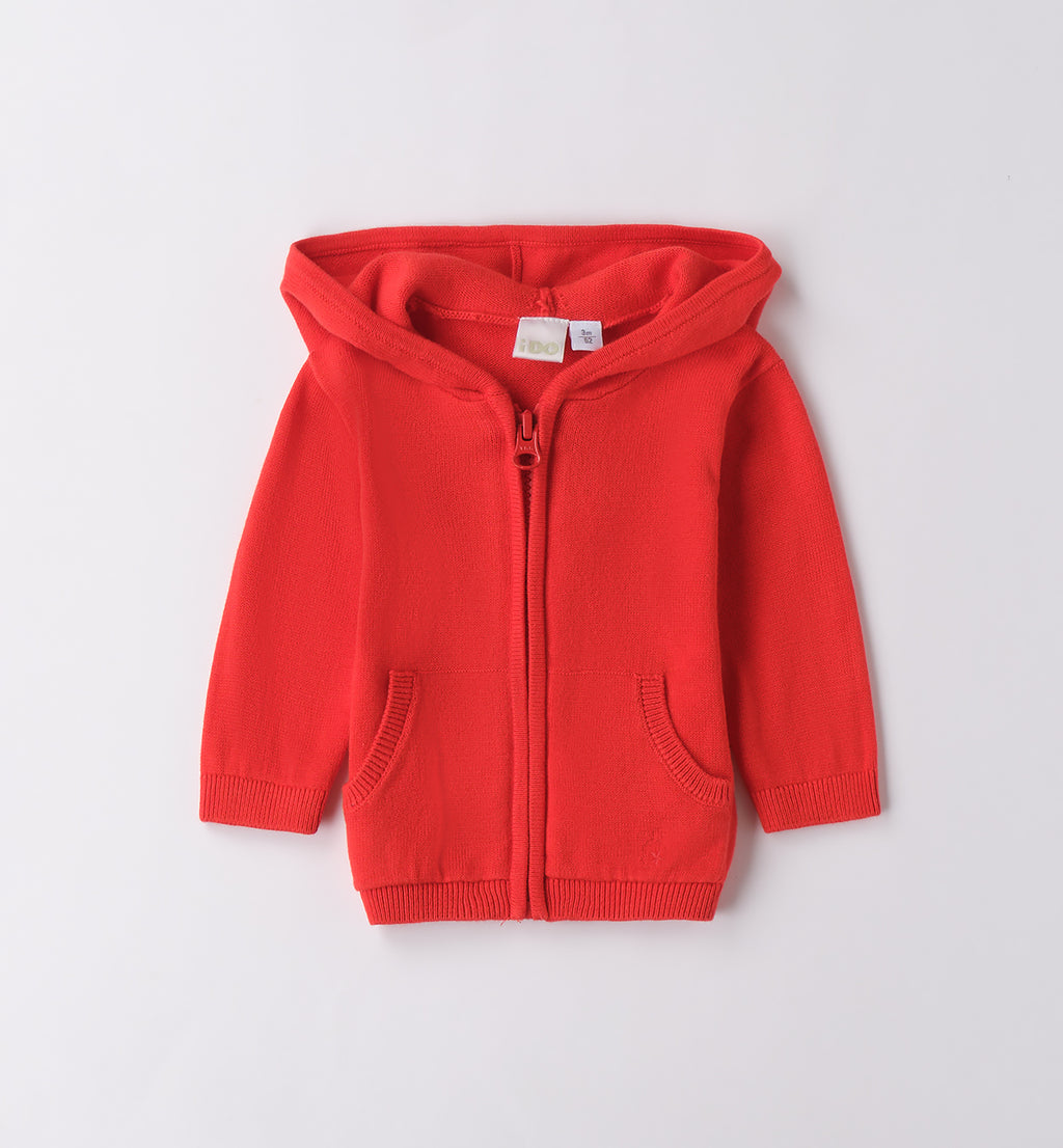 Giacca rossa con cappuccio, t-shirt con dinosauro e jeans blu per bambino, abbigliamento casual.
