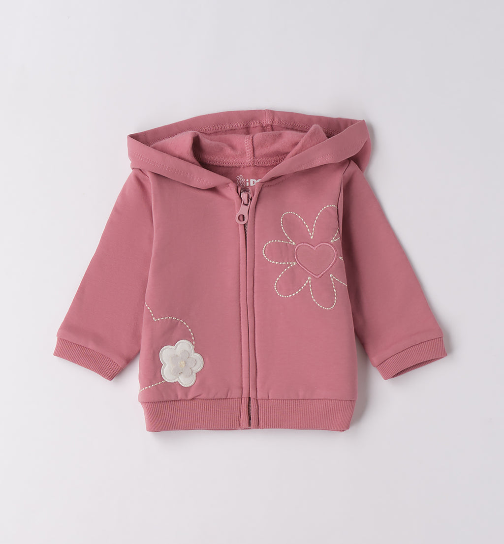 giacca rosa neonata con cappuccio e ricamo fiore cuore