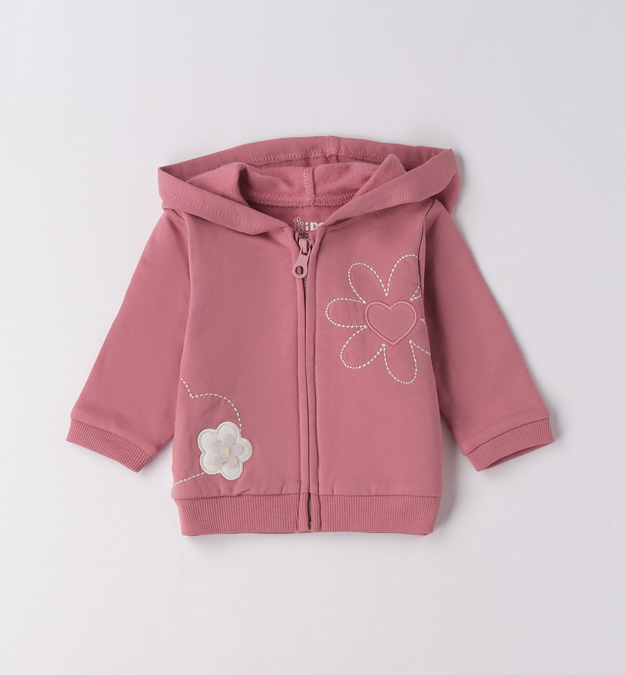 giacca rosa neonata con cappuccio e ricamo fiore cuore
