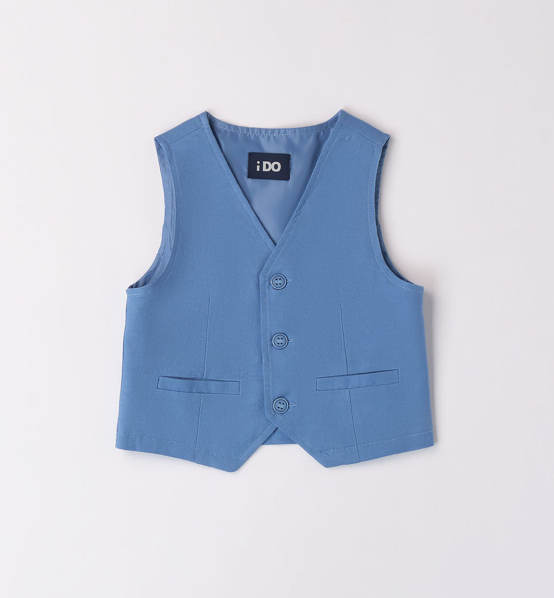 Gilet in lino azzurro, camicia bianca e pantaloncini azzurri in lino per bambino, abbigliamento estivo elegante