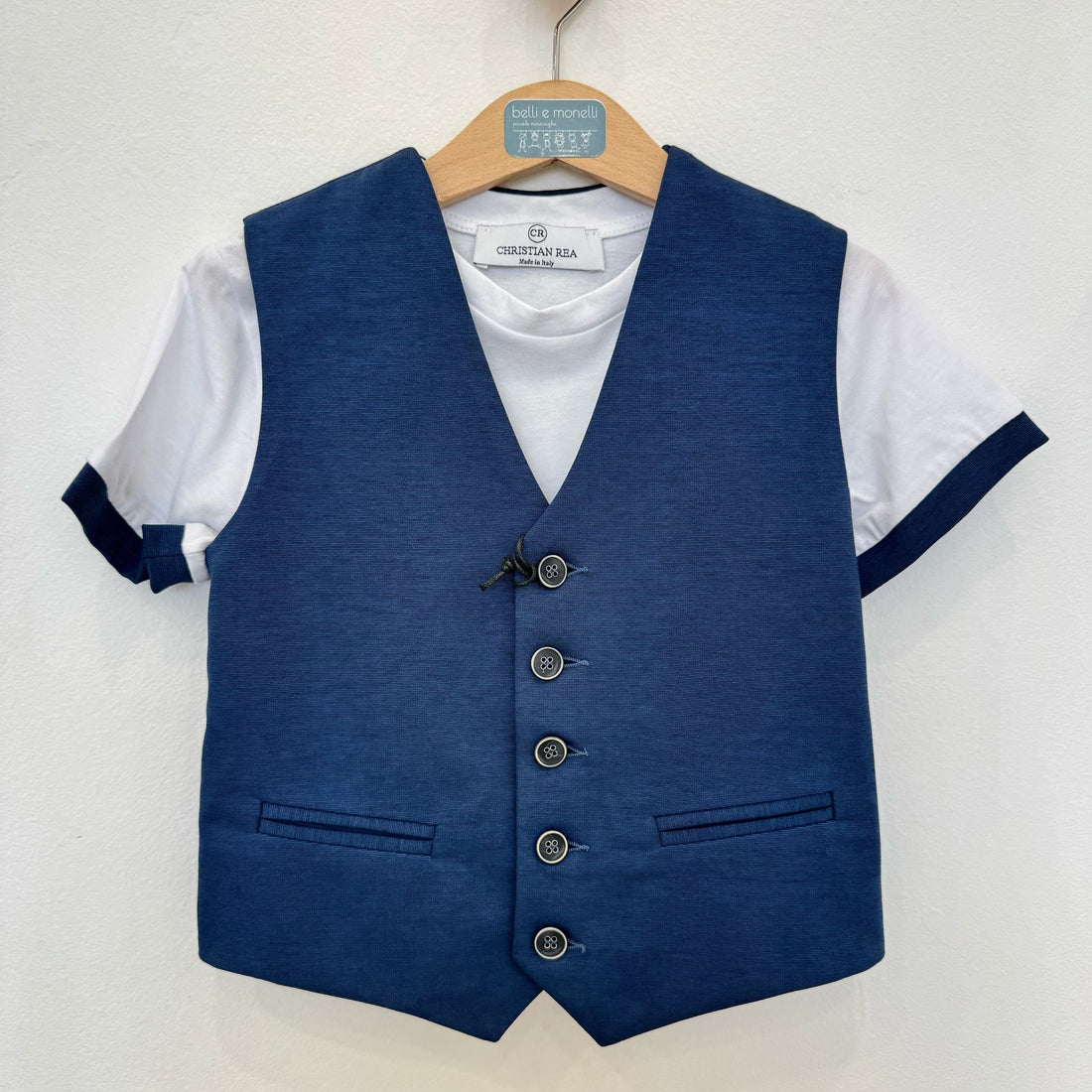 Completo bimbo blu con gilet e pantaloncini sportivi