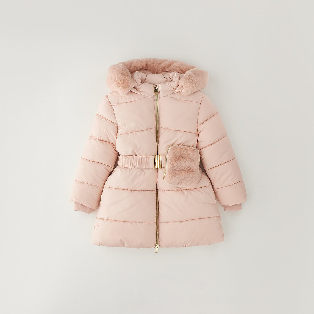 Giubbotto bimba rosa imbottito con cappuccio effetto pelliccia, cintura e taschina coordinata