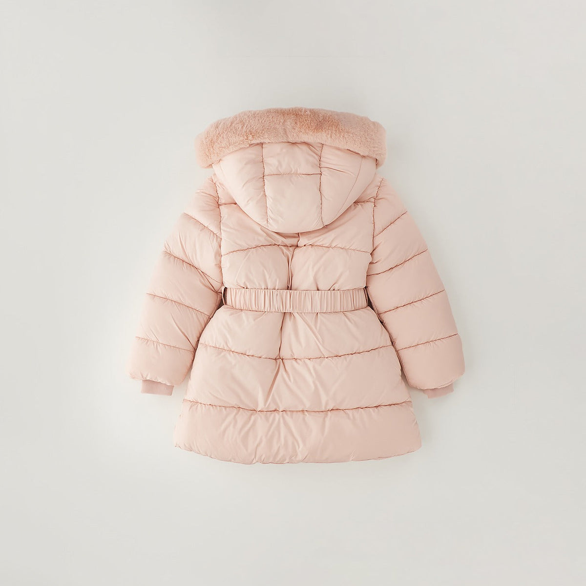 Giubbotto bimba rosa imbottito con cappuccio effetto pelliccia, cintura e taschina coordinata