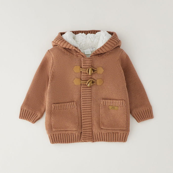 Giubbotto bimbo color nocciola in 100% cotone con cappuccio, alamari e tasche