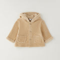 Giubbotto neonato beige felpato con cappuccio e tasche frontali