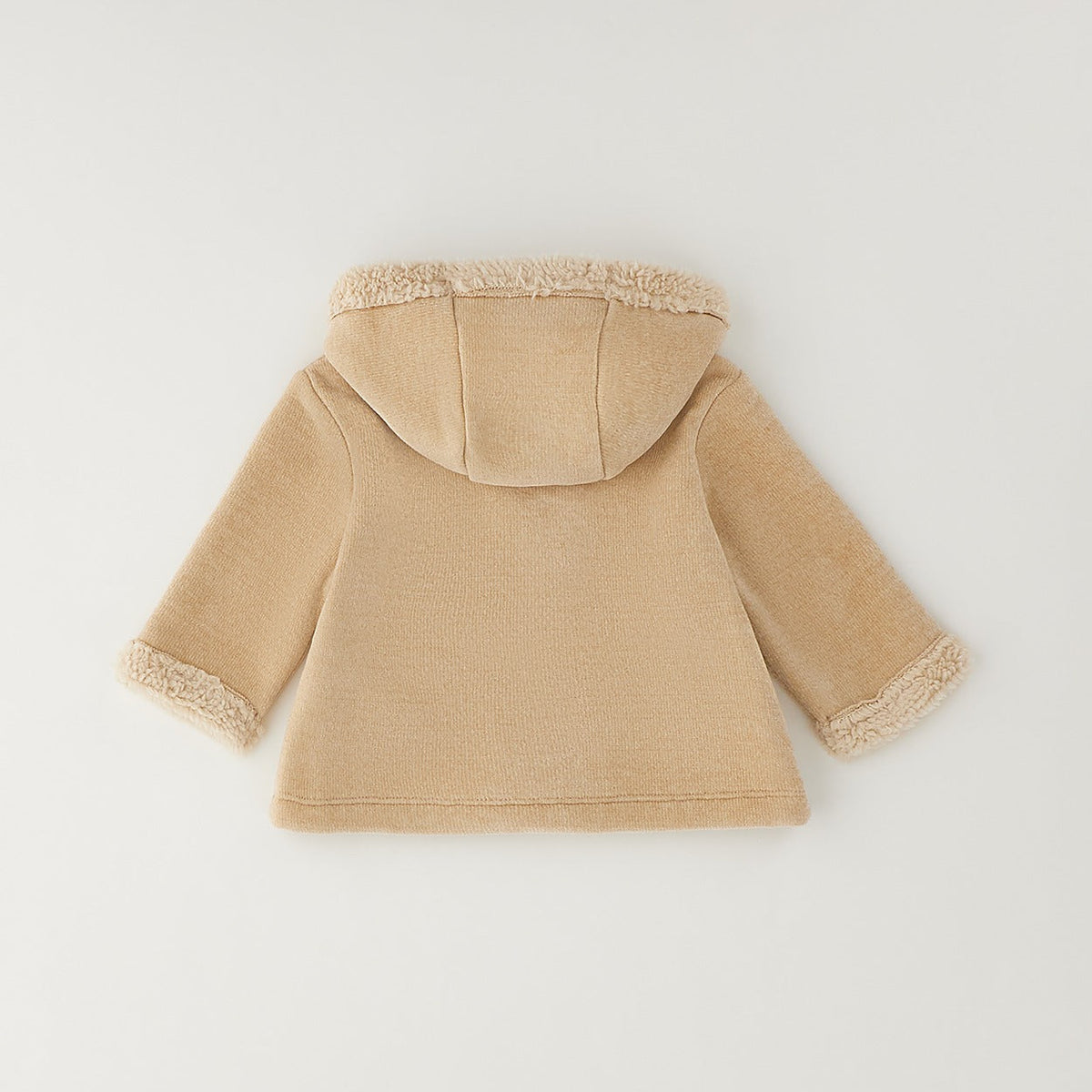 Giubbotto neonato beige felpato con cappuccio e tasche frontali