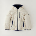 Giubbotto reversibile bimbo beige con cappuccio e dettagli blu
