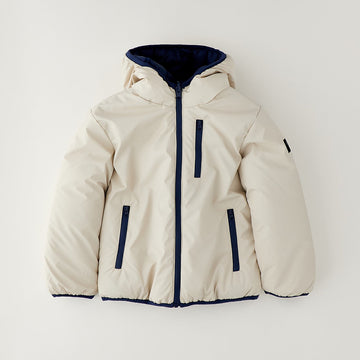 Giubbotto reversibile bimbo beige con cappuccio e dettagli blu