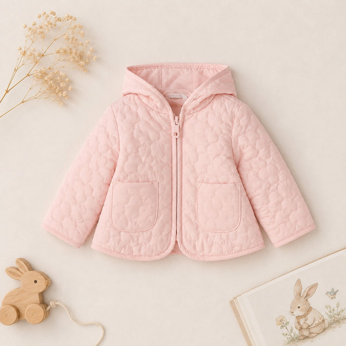 Giubbotto trapuntato rosa bambina con cappuccio, chiusura con zip e tasche frontali – Belli e Monelli