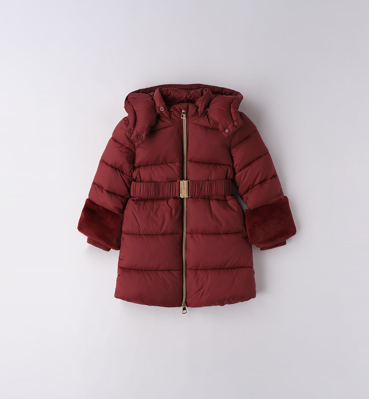 giubbotto bambina bordeaux con cappuccio e cintura frontale
