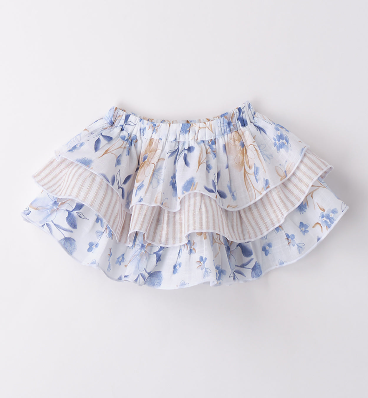 Gonna bambina a balze in cotone, fantasia floreale blu e beige con dettagli a righe