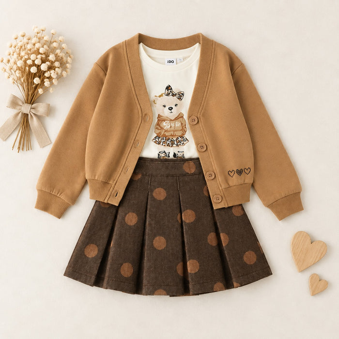 Gonna bimba marrone a pieghe con pois cammello 98% cotone