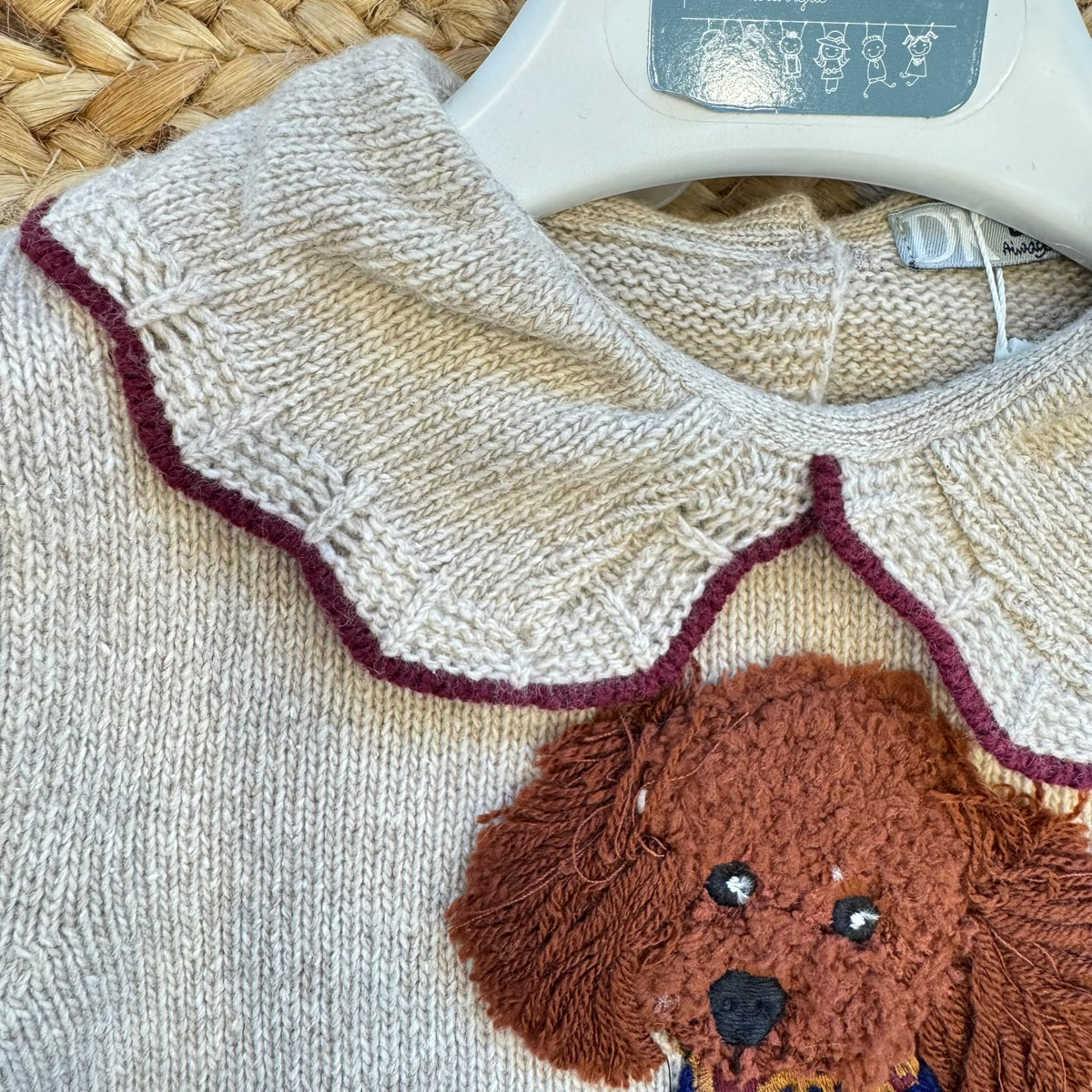 Maglioncino bambina beige con cagnolino in rilievo e colletto bordeaux