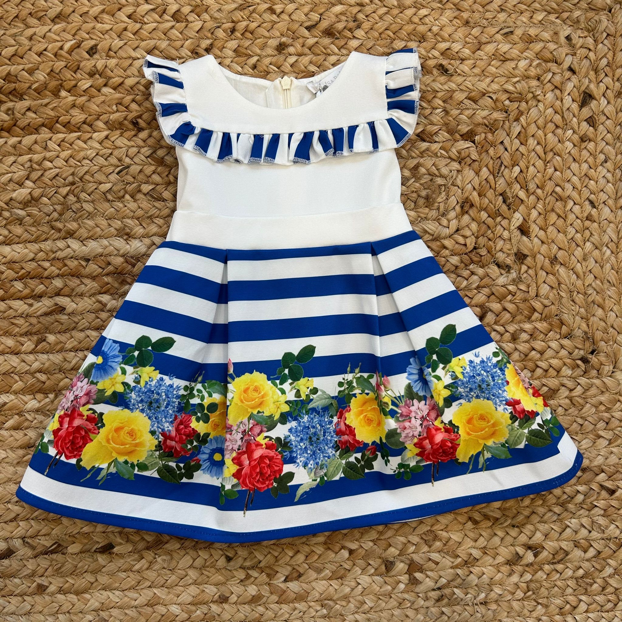 Abito bambina righe blu e bianche con stampa fiori colorati e fiocco

