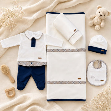 Uscita clinica neonato in caldo cotone panna e blu con copertina sfoderabile 65x85 cm Made in Italy.