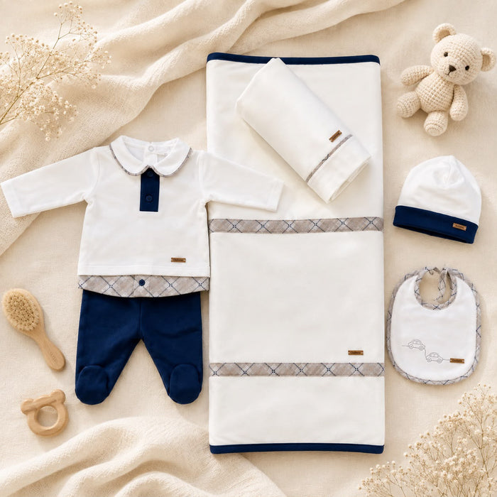 Uscita clinica neonato in caldo cotone panna e blu con copertina sfoderabile 65x85 cm Made in Italy.
