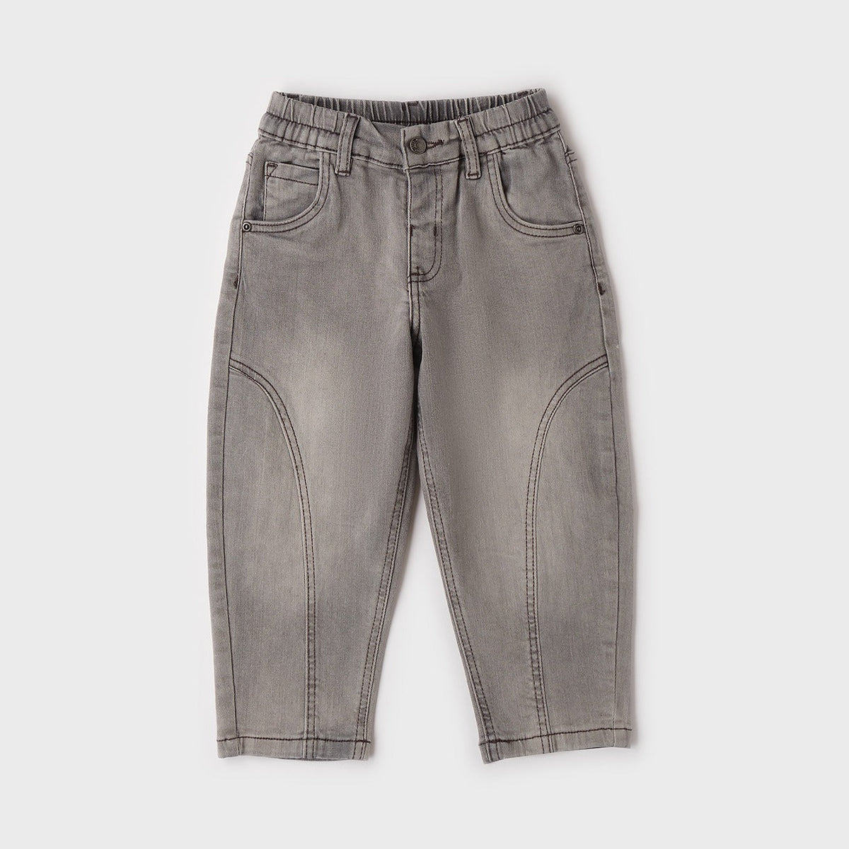 Jeans bimbo grigio con cuciture sagomate sulle gambe vista frontale