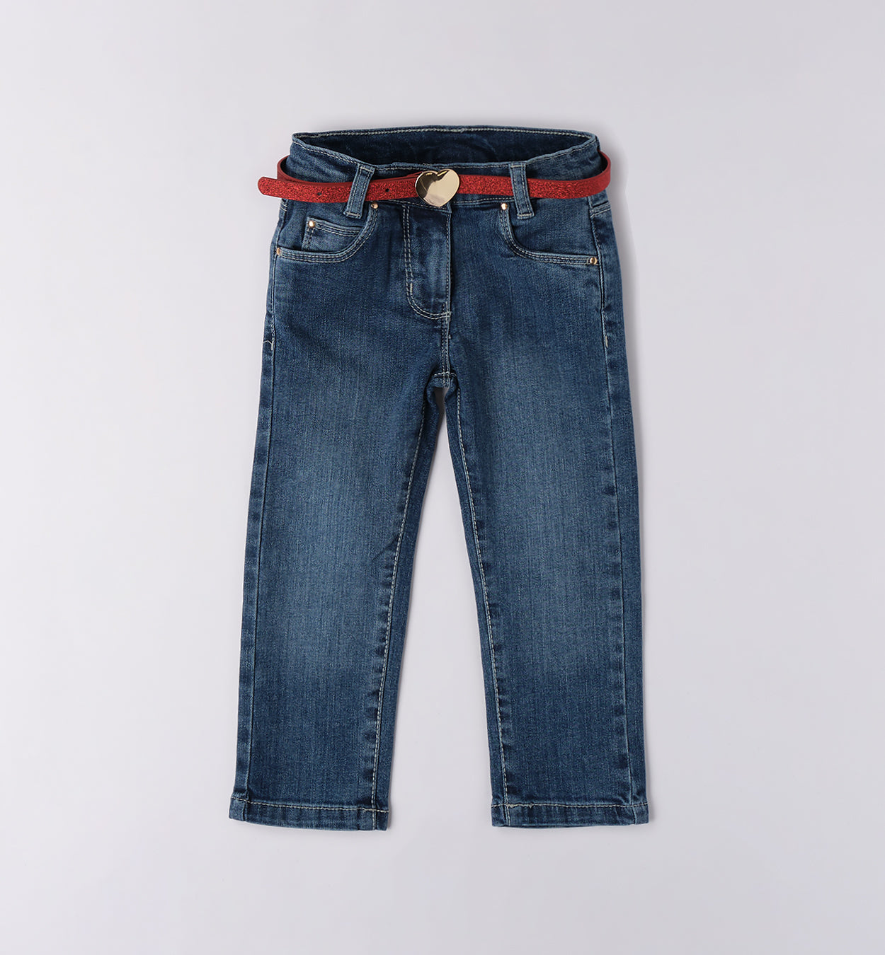 jeans bimba denim con cintura rossa fronte