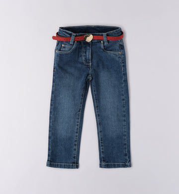 jeans bimba denim con cintura rossa fronte