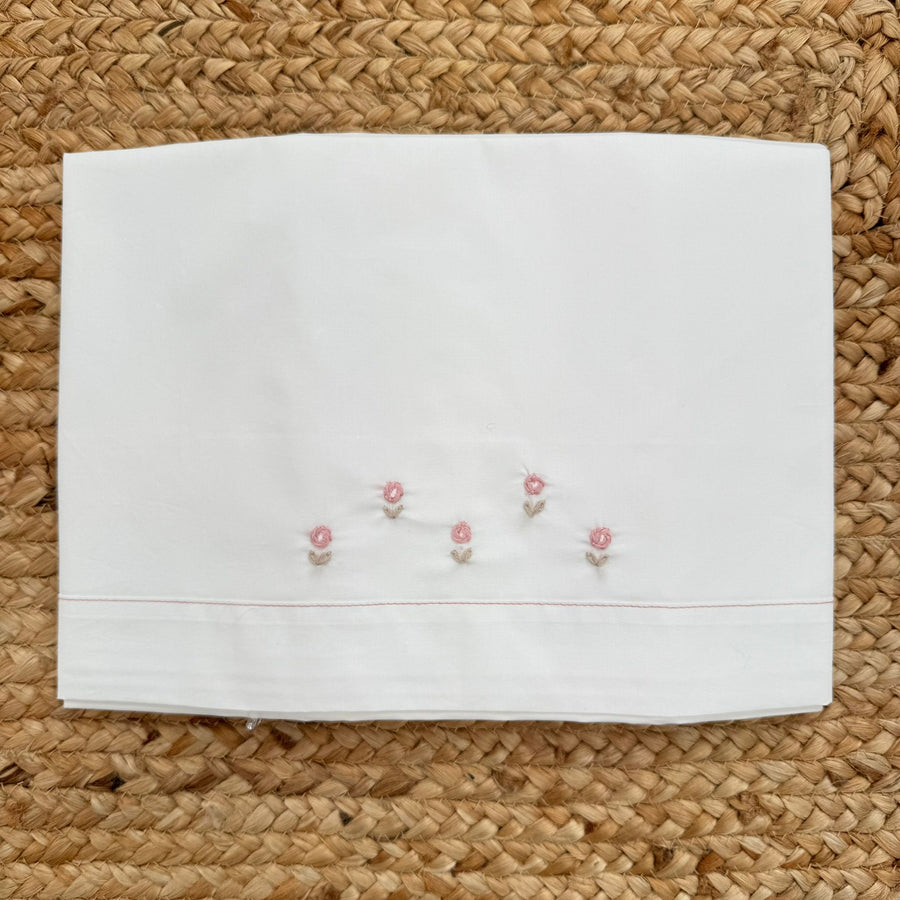 Lenzuola baby culla in cotone con ricamo floreale rosa