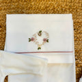 Uscita clinica neonata in ciniglia bianca e rosa con completino ricamato a cuore floreale, fiocco applicato, cappello, bavetta, scarpine, lenzuola coordinate e copertina sfoderabile.