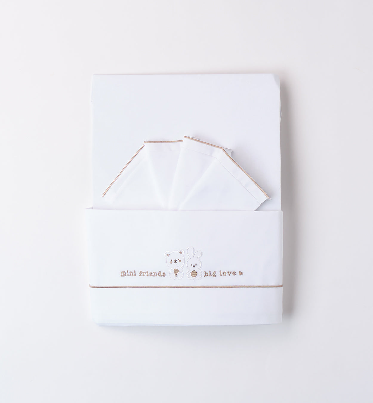 lenzuola baby culla unisex in cotone con ricamo orsetto e coniglietto beige