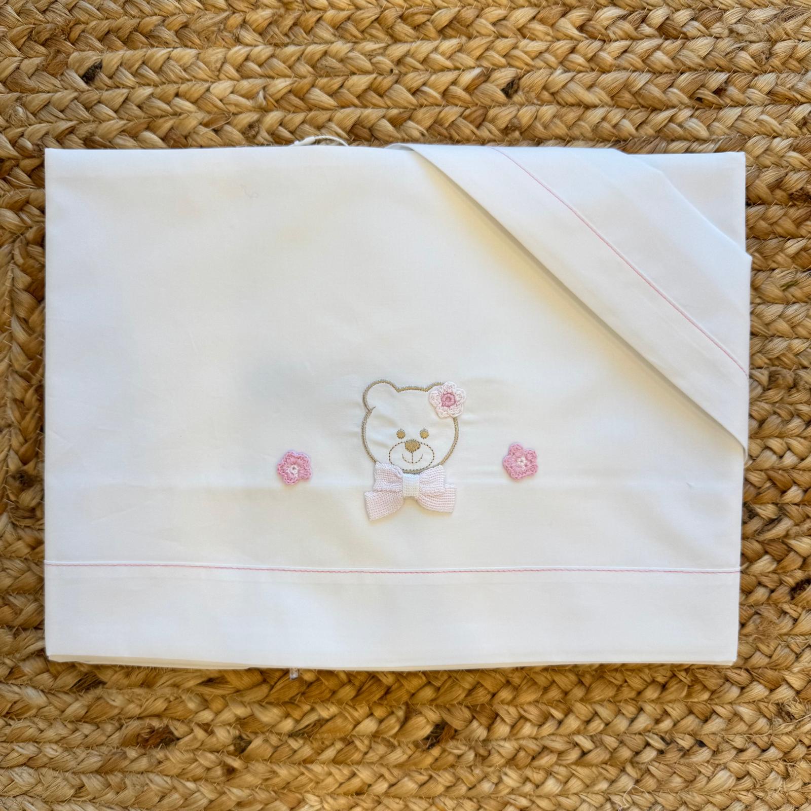 lenzuolo culla neonata in cotone con orsetto ricamato e fiocco rosa