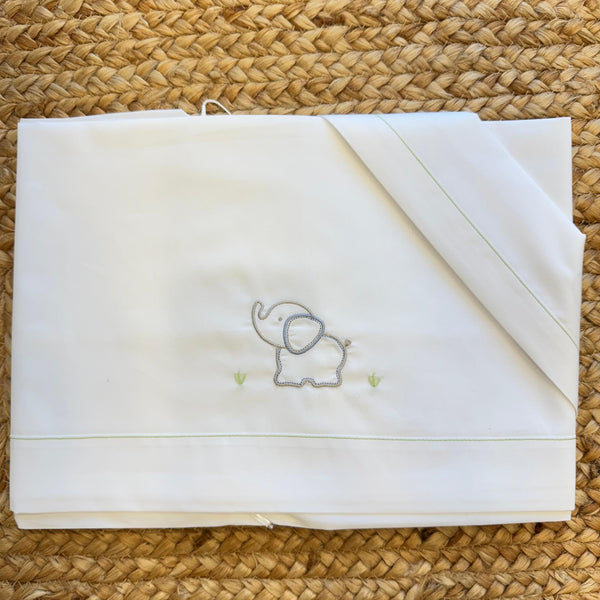 lenzuolo culla neonato in cotone con elefantino ricamato verde